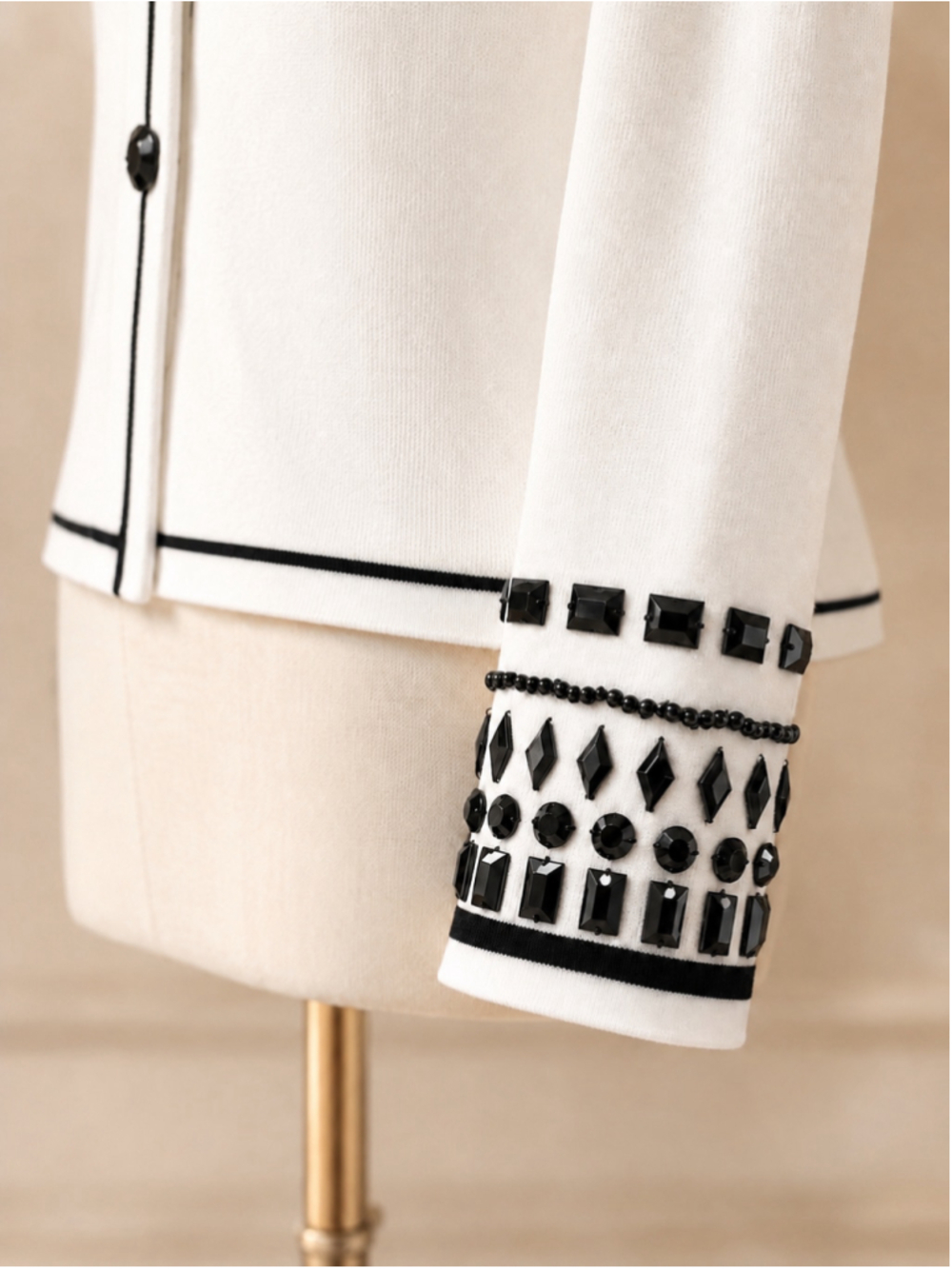 White & Black Rhinestone Cuff One-Button Knit Sweater Jacket - Picture 8 of 10